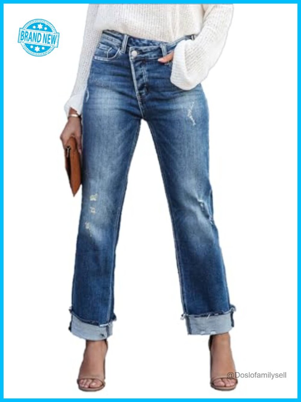 Women's High Waisted Boyfriend Distressed Cuffed Straight Leg Jeans